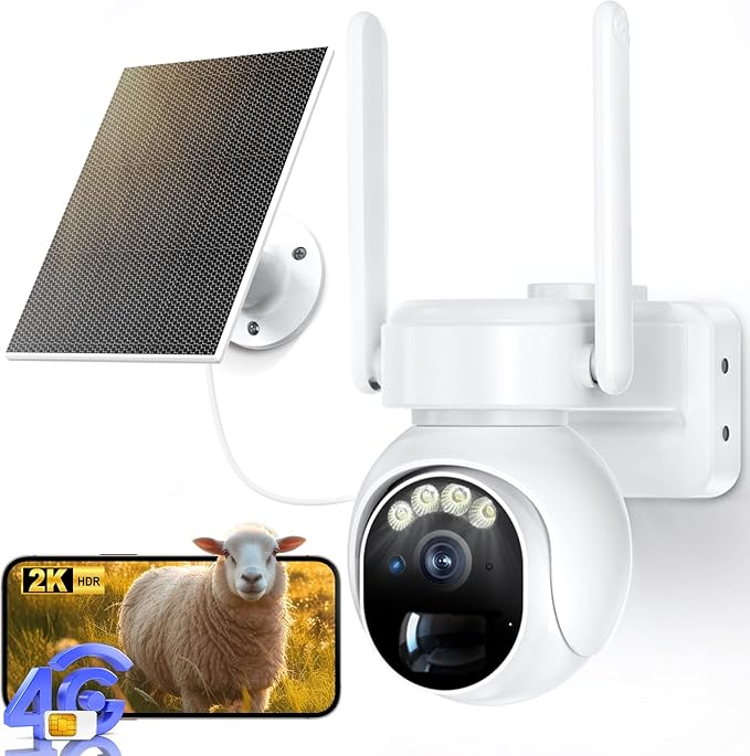 4gLte Cellular Security Camera, No WiFi Security Camera ,360°View PTZ, ABS Fireproof IP65 Waterproof, 2K HD Color Night Vision, Human Tracking, 2-Way Audio