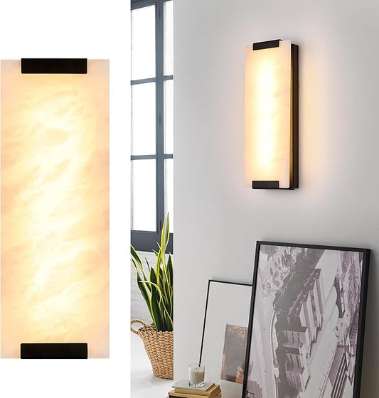 14.2in Alabaster Wall Sconces, Large Natural Marble Wall Sconces Set of Two, LED Modern Wall Lamp for Bedroom, Stairs, Living Room, Vanity, Bedside, Hallway (Black 12W)