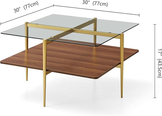 Square Glass Coffee Table, Mid-Century Modern Design, L30 x W30 x H17 inch, for Living Room, Clear Glass Top and Walnut Finish Wood Shelf, Conical Legs with Gold Finish Frame
