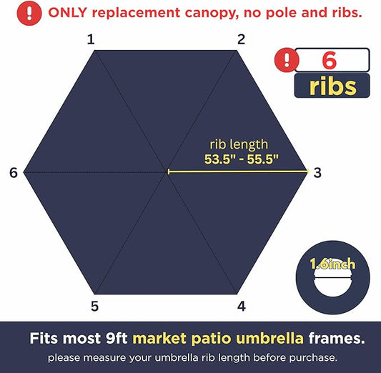 Sfmora 9ft Patio Umbrella Replacement Canopy for 6 Ribs, Outdoor Umbrella Canopy ONLY, Market Umbrella Top, Water-Resistant & UV-Protective