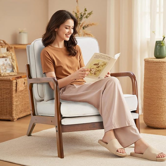 DUMOS Mid Century Modern Chair, Accent Chair with Arms and Waist Cushion, Reading Chairs for Adults, Lounge Chair for Living Room and Bedroom, Solid Wooden Frame, Cream