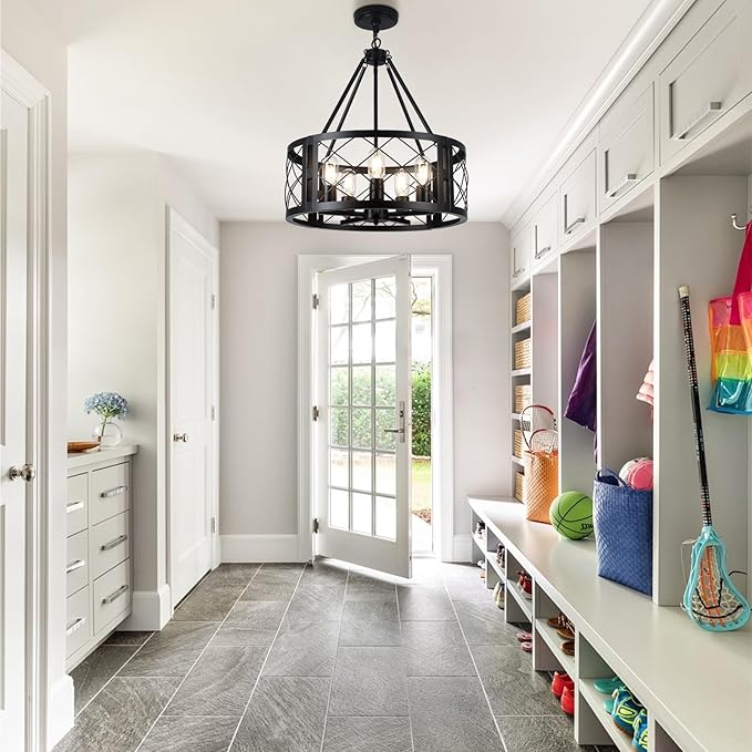 5-Light Farmhouse Chandelier 19.8" Black Rustic Chandelier for Dining Room Wood Texture Adjustable Pendant Light Fixture for Kitchen Island Entryway Bedroom Hallway