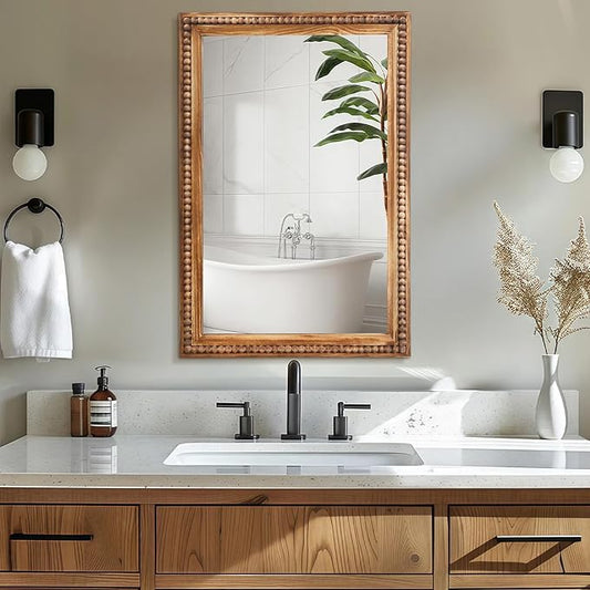 ULIKE Rectangular Wood Mirror with Natural Wooden Bead Frame, 24x36 Inch Rustic Farmhouse Wall Mirror for Bathroom Nursery Bedroom Living Room Brown