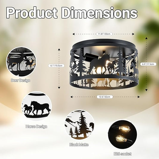Farmhouse Rustic Ceiling Light Fixtures - Deer & Horse Design, 2-Light E26 Round Metal Fixture for Kitchen, Bedroom, Foyer, Entryway, Lodge (Bulbs Not Included)