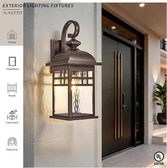 2-Pack Outdoor Wall Lights Fixtures ORB Finish Aluminum Porch Lights Outdoor with Water Ripple Glass Waterproof Outside Lights for House Front Door Garage E26 Socket