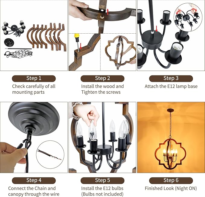 21.65'' Farmhouse Wood Chandelier, 6-Light Rustic Dining Room Light Fixture, Orb Chandelier Light Adjustable Height, Wood Pendant Lighting for Kitchen Island Foyer Living Room Hallway