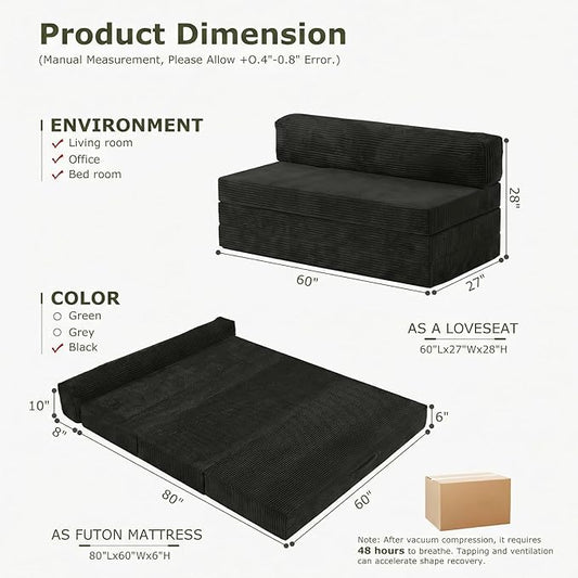 5-in-1 Convertible Sofa Bed, Boneless Loveseat Sleeper with Removable Cushions & Washable Cover, Futon Sofa Bed with Handle, Pull Out Couch for Small Spaces, Queen Size, Black