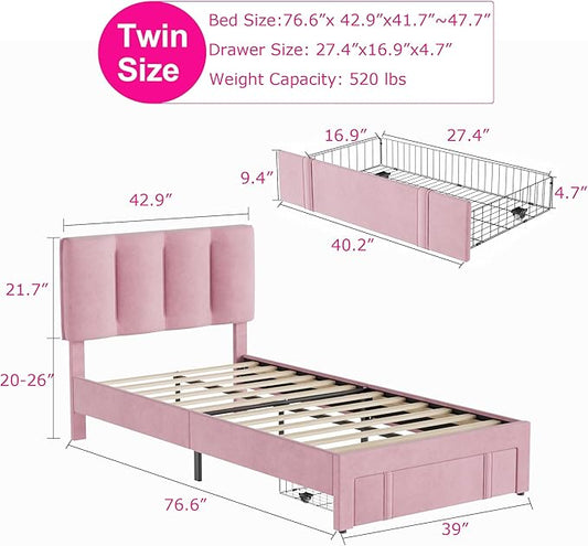 VECELO Twin Size Bed Frame with Storage Drawer, Heavy-Duty Bedframe with Tufted Headboard & Wooden Slats & Steel Framework, No Box Spring Needed, Pink