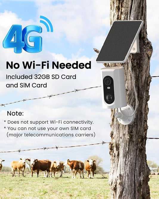 ANRAN 4G LTE Cellular Solar Security Camera Wireless Outdoor, 2K No WiFi Solar Powered Security Camera, 2 Way Audio, Smart Motion Detection, Color Night Vision, IP66, White (32GB & SIM Card Included)