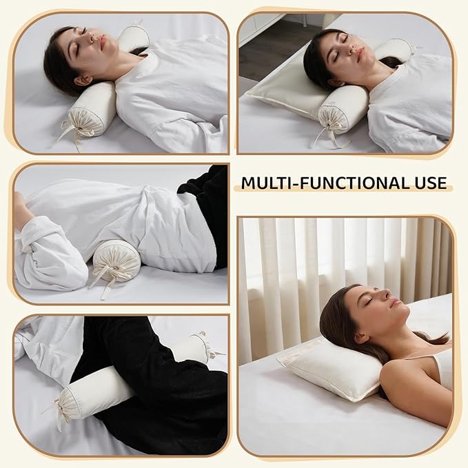 Buckwheat Pillow - 3 Point Support Buckwheat Hull Pillow for Less Pain, 2IN1 Tartary Buckwheat Neck Roll Pillow for Best Support, Adjustable Cervical Neck Pillow with Organic Cotton Pillowcase
