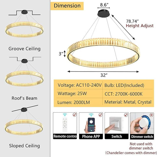 32'' Modern Ring Chandelier Crystal Chandeliers for Dining Room Round LED Dimmable Ceiling Light Fixture for Living Room Bedroom Lighting Black