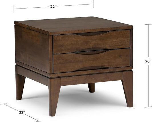 SIMPLIHOME Harper End Table - 22 inch Wide Solid Wood 2 Drawer Side Table in Walnut Brown, Mid Century Modern Accent Table for Living Room with Tapered Legs and Notched Handles