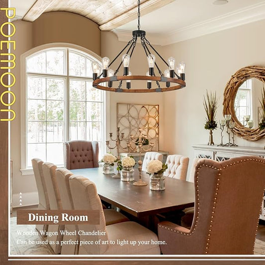 31.5'' Wooden Wagon Wheel Chandelier Farmhouse 12 Lights Wood Round Chandelier Black Rustic Light Fixture for Living Dining Room Entryway Foyer Kitchen