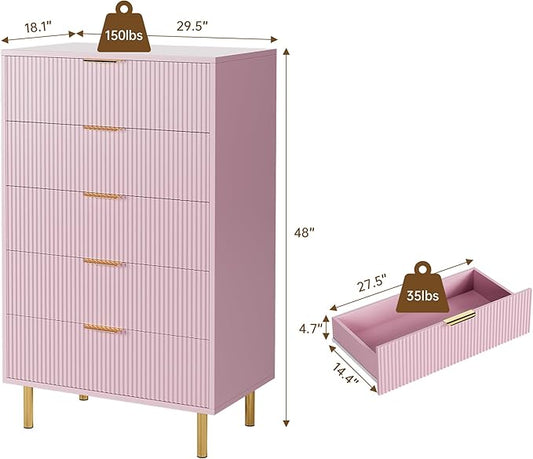 IDEALHOUSE Pink Dresser, Modern 5 Drawer Dresser for Bedroom with Gold Handle and Large Drawer, Wood Double Chest of Drawers and Storage Organizer for Living Room, Hallway, Entryway