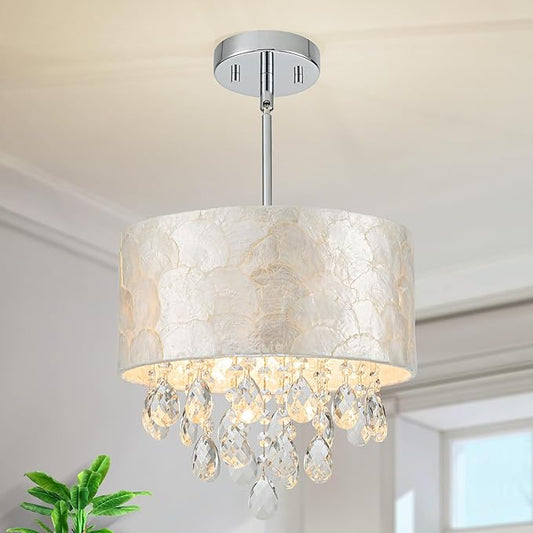 Small 3-Light Drum Capiz Shell Crystal Chandeliers, Coastal Style Pendant Light Fixture for Dining Room, Living Room, D12 x H19~49"(Adjustable), Shell Lampshade & Chrome Finish