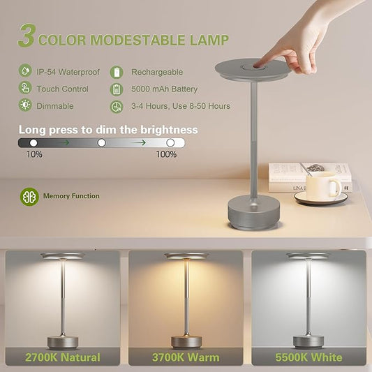 LED Cordless Table Lights Set of 2, Built-in 5000mAh Battery Rechargeable Outdoor Waterproof Portable Touch Battery Table Lamps with Memory Function,for Patio/Campsite/Work(Silver )