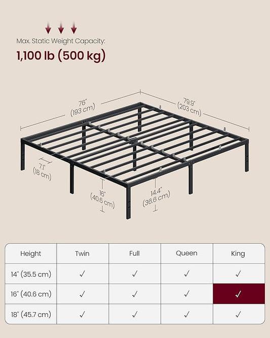 VASAGLE King Metal Bed Frame 16 Inches Tall, 1100 lb Weight Capacity, No Box Spring Needed, with Under-Bed Storage, Easy Setup, Heavy-Duty Platform Bed, Mattress Retainers, Matte Black URMB664BD02S