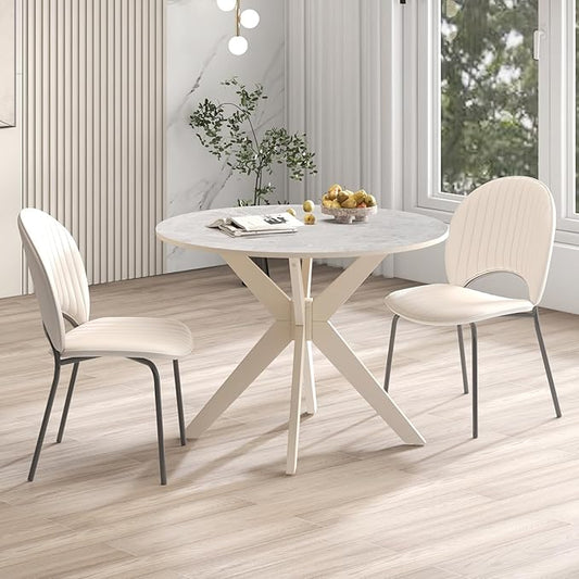 COSTWAY 36" Round Dining Table, Solid Wood Kitchen Table with Intersecting Pedestal Base and Adjustable Foot Pads for Home, Office, Small Space, Cafe, Bar (White)