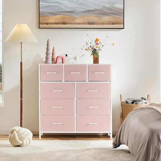 DUMOS 9 Drawer Dresser for Bedroom, Fabric Storage Organizer with Sturdy Metal Frame, Wooden Top Chest of Drawers for Closet Entryway Guest Room,Pink