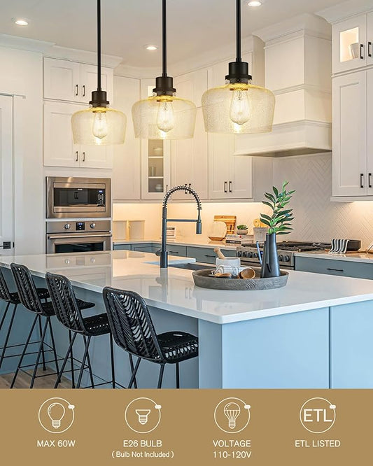 Emak Modern Farmhouse Pendant Lights Kitchen Island, Black Pendant Light Fixtures with Seeded Glass Shade, 8 Inch Hanging Lights for Kitchen Island, Bathroom, Bedroom, PL122-BK