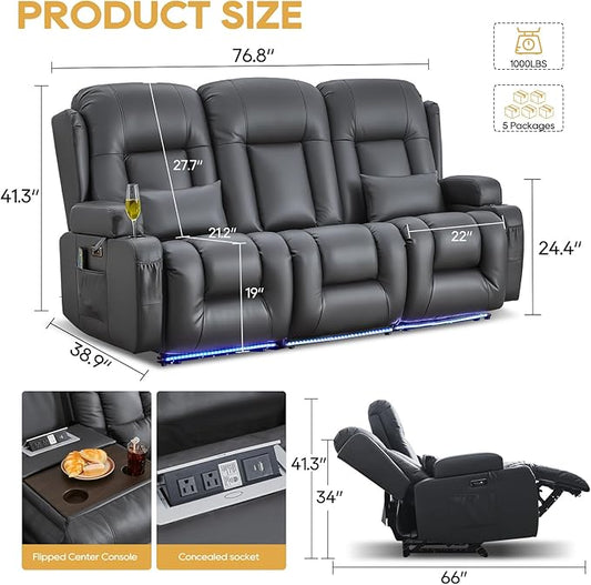 IPKIG Power Recliner Sofa with Flip-Up Backrest Console, USB & USB-C Ports, AC Outlet, LED Lights, Wall Hugger Recliners for Living Room, RV (PU Grey, 76.8" - 3 Seat) | Faux Leather, Zero Gravity, Dual Reclining, 2 Lumabr Pillow