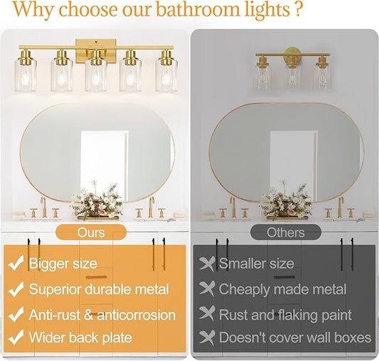5-Light Bathroom Vanity Light with Clear Glass Shades, Brushed Gold Bathroom Light Fixtures Over Mirror, Modern Vanity Light for Mirror Living Room Cabinet Bedroom Porch