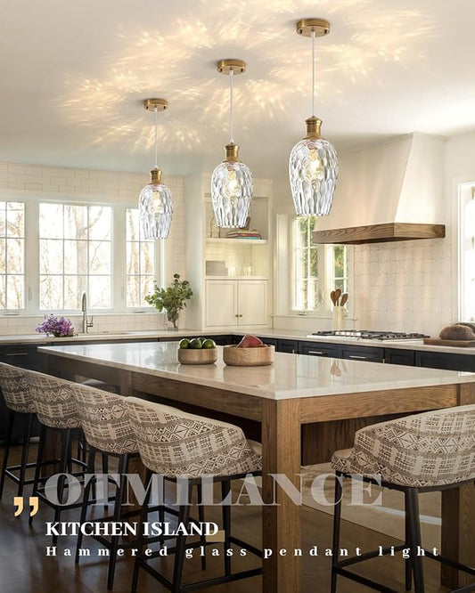Gold Pendant Lights Kitchen Island, 6.3” Blown Hammered Glass Pendant Lights, Vintage Clear Glass Pendant Light 2-Pack, Modern Pendant Light for Kitchen Island, Dining Room, Bathroom,Cafe
