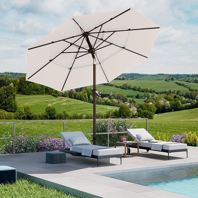 PatioKingdom 9ft 3-Tier Patio Market Umbrella with Crank/Tilt, Commercial Heavy Duty Wind Proof,Outdoor Table Umbrella with 8 Fiberglass Ribs,UPF50+ for Deck,Pool,Garden,Backyard (Creamy-white)
