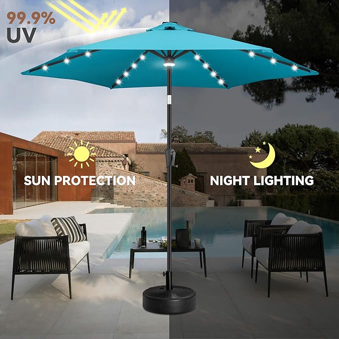 10FT Solar Patio Umbrella - Outdoor Umbrella with Centre Surround Light 24 LED Lights, Market Table Umbrella with Tilt for Pool, Porch, Garden, Deck, Backyard UV Protection (Aqua Blue)