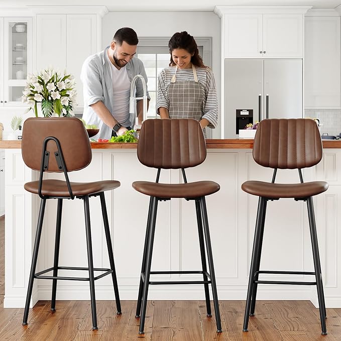 29-Inch Leather Bar Stools Set of 3, Counter Height Barstools with High Backrest,Bar Chairs for Kitchen Island with Heavy Duty Metal Legs, Dark Brown