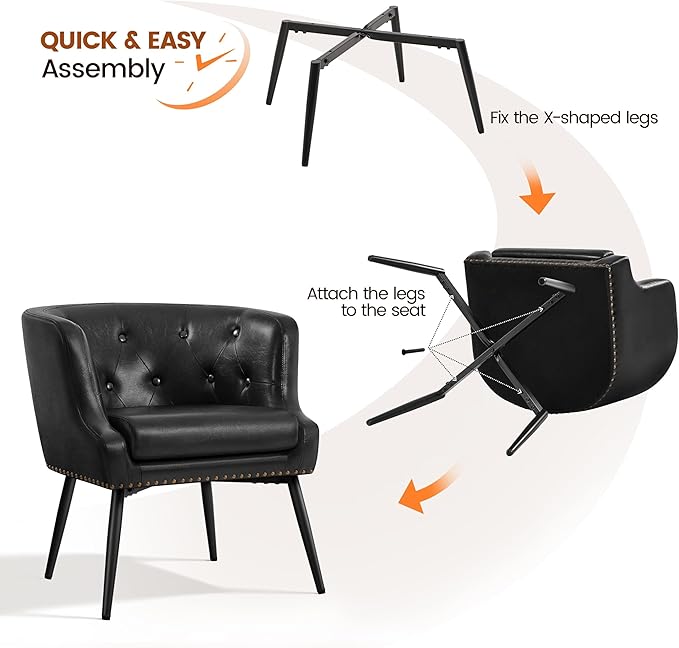 Yaheetech Modern Accent Chair, Faux Leather Retro Armchair, Upholstered Barrel Chair with Metal Leg and Comfy Seat Cushion for Living Room Bedroom, Black, Set of 2