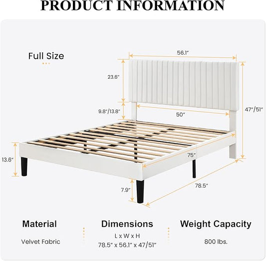 SHA CERLIN Full Upholstered Platform Bed Frame with Vertical Channel Tufted Velvet Fabric Adjustable Headboard, Wooden Slats Support, Mattress Foundation, Box Spring Optional, White
