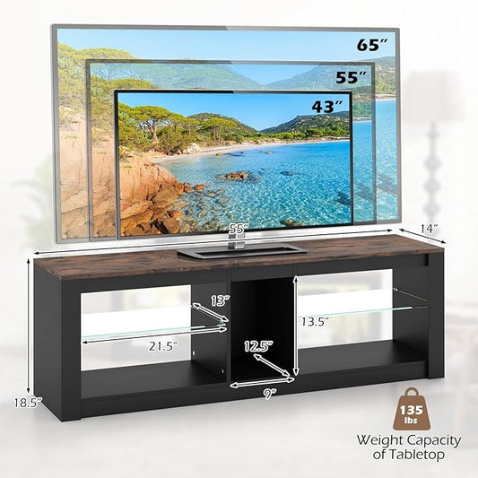 Tangkula LED TV Stand for 65 Inch TVs, Gaming Entertainment Center w/Open Storage, Adjustable Tempered Glass Shelves, Modern Media TV Console Table for Living Room Bedroom (Rustic Brown)