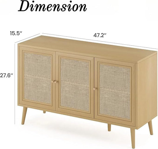 FONTOI Rattan Entryway Table, Entertainment Center with Adjustable Shelf, Sideboard Buffet Cabinet with 3 Rattan Doors, Modern Console Cabinet with Large Storage for Living Room, Kitchen, Brown
