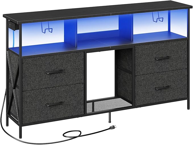 Dresser TV Stand, Entertainment Center with Power Outlets and LED Light, Media Console Table with Drawers and Open Shelves, Chest of Drawers for 60'' TV, for Living Room, Black TVBK140E01