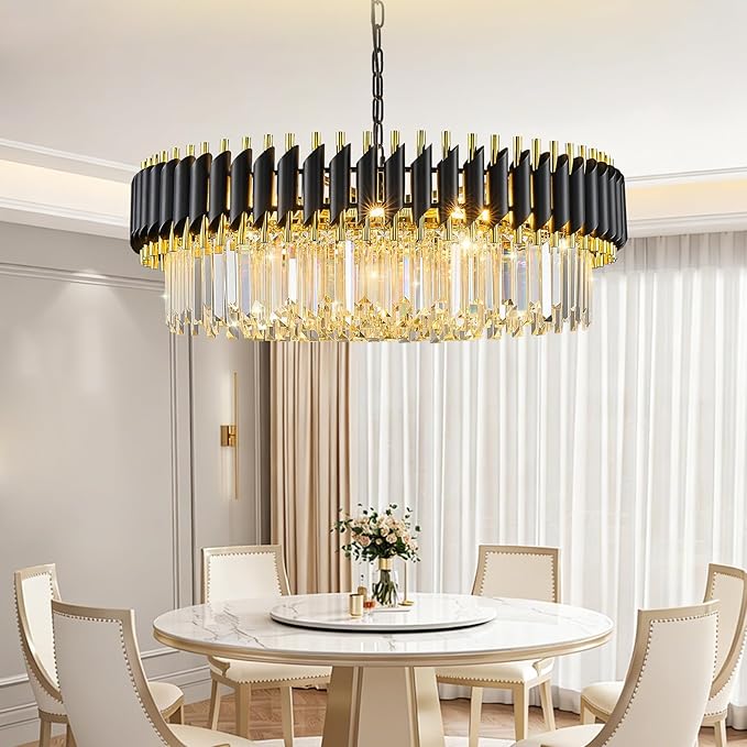 Black and Gold Crystal Chandelier Contemporary Large Crystals Chandeliers 30" with 6-Tier Sparkling K9 Crystals, Chandeliers for Dining Room Living Room Bedroom Foyer