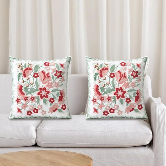 Set of 2 Embroidered Decorative Throw Pillow Covers Couch Square Pillowcases Cushion for Bedroom Sofa Farmhouse Decor 18x18 Inch (Angel Flower)