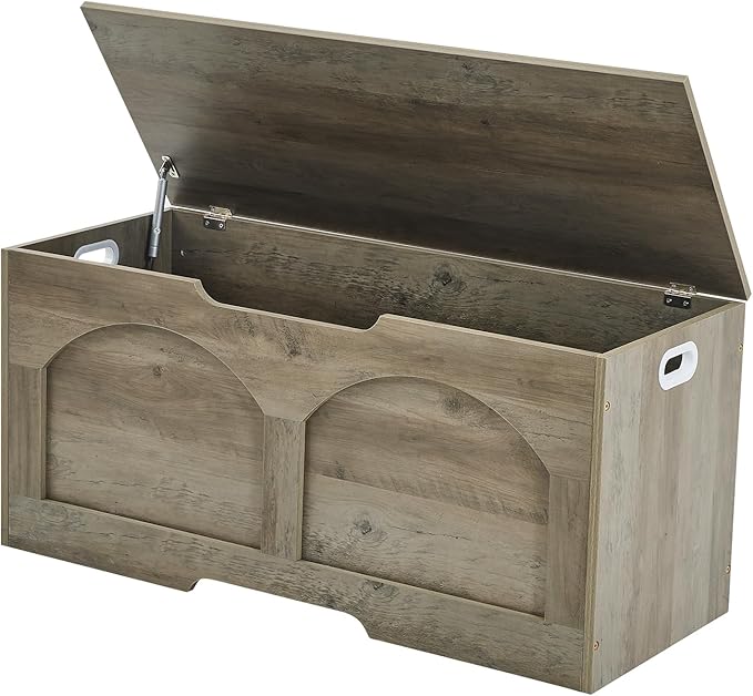 Storage Chest, 31.5" Retro Wooden Storage Bench, Entryway Storage Trunk, Supports 330 lb, Upgraded Safety Lift Support Hinge, Entryway Bench, U-Shaped Opening for Entryway Living Room, Greige