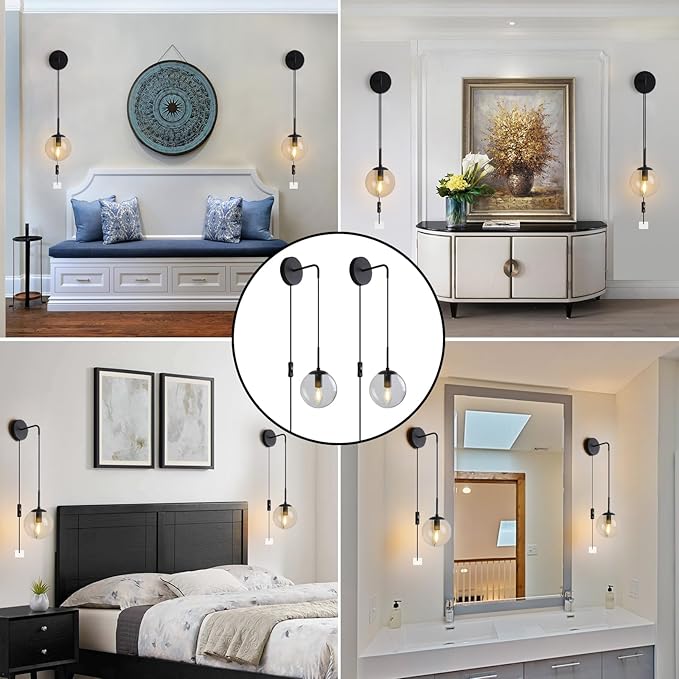 Wall Sconces Set of Two Black Plug in Wall Sconces Set of 2 with Globe Clear Glass Shade Wall Lights Wall Lamps for Bedrooms Sconces Wall Decor Set of 2 with Plug in Cord Switch for Bedside