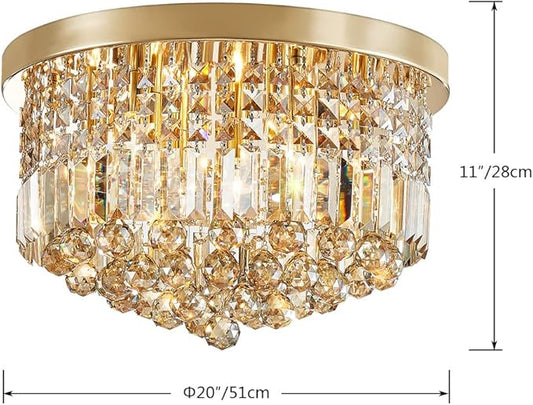 Saint Mossi 9 Light Modern K9 Crystal Raindrop Chandelier Lighting, Flush Mount, Perfect for Dining Room Bedroom; E12 Bulb Base; Height 11" x Diameter 20"; Champagne Crystal & Gold Finish