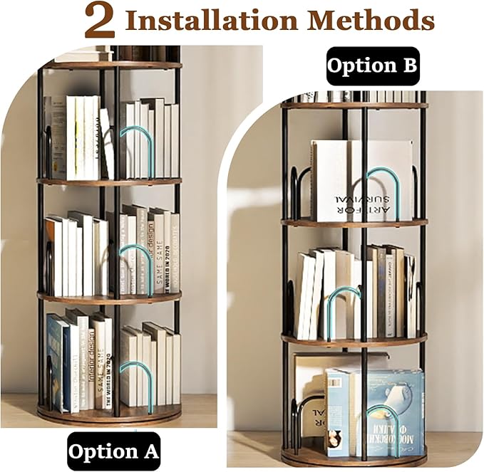 6 Tier Rotating Bookshelf Tower, 360° Display Round Bookcase, Floor Standing Corner Revolving Bookshelf Organizer Storage Rack for Home Study Office, Small Spaces (Black, 6 Tiers)