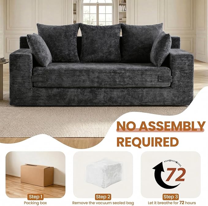 Convertible Sofa Bed, 5 in 1 Small Boneless Couch Pull Out Loveseat Sleeper Sofa,Corduroy Futon Couch Folding Mattress with 4 Pillows for Living Room Bedroom Lounge (Dark Gray, 3 Seater)