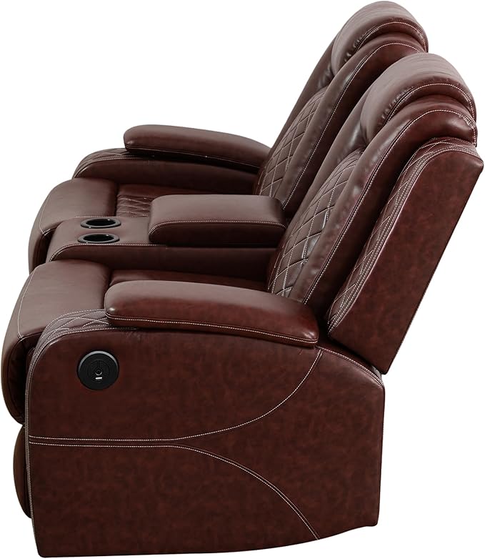Breathing Leather Power Reclining Loveseat, Living Room Furniture with 2 Recliners, 2-Seater Leather Couch with Storage Console/Cup Holders for Home/Office (Auburn, Loveseat)