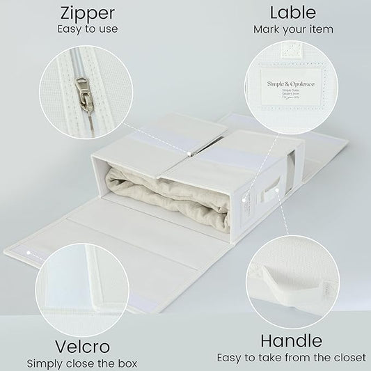 Simple&Opulence 4 Pack Bed Sheet Organizers and Storage, Linen Closet Organizers, Sheets Set Folder Storages with Window and Label (Queen/King Size) Organizing Bedding Container, White