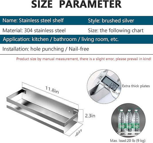 Rustproof Metal Storage Floating Shelves Wall Mounted Rectangular Shelf for Bedroom,Bathroom, Living Room, Kitchen, and Laundry Room,Nail-Free Wall-Mounted Shelves(11.8 Inch Silver)