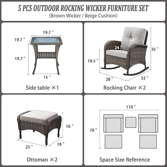 Belord Patio Rocking Chairs Furniture Set - 5 Piece Outdoor Wicker Furniture Sets with Ottomans, Small Patio Conversation Sets with Wicker Rocking Chairs Brown/Beige