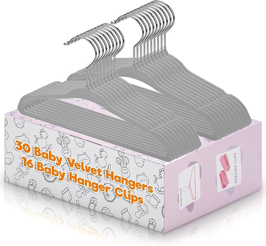 Velvet Baby Hangers with Clips (30 Pack) | 11” Ultra-Slim Baby Clothes Hangers | Non-Slip Felt | Space-Saving Nursery & Infant Closet Organizer | Gray