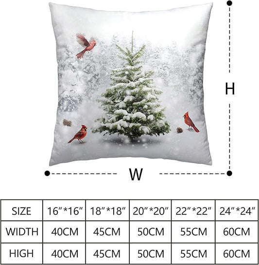 Winter Christmas Pillow Covers Snowy Natural Forest Decorative Pillow Case 22x22 Green Pine Tree with Cardinal Birds Cushion Case for Couch Living Room Patio,2 Pack