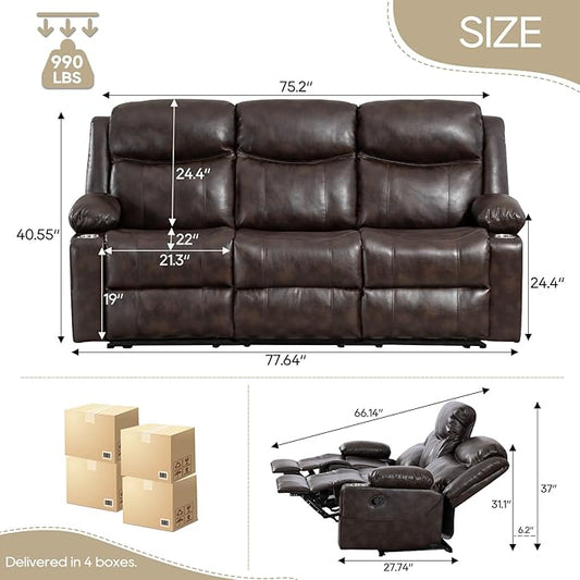 Manual Reclining Sofa - 3 Seat Recliner Sofa with Heat & Massage Function, Wall-Hugger Reclining Sofa for Living Room (Brown) | Side Pocket, Cup Holder