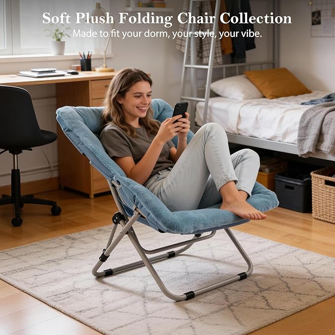 Saucer Chair, Comfy Bedroom Chairs, Oversized Folding Faux Fur Chair, Foldable Metal Frame Chair for Bedroom, Living Room, Balcony, Patio (Blue)